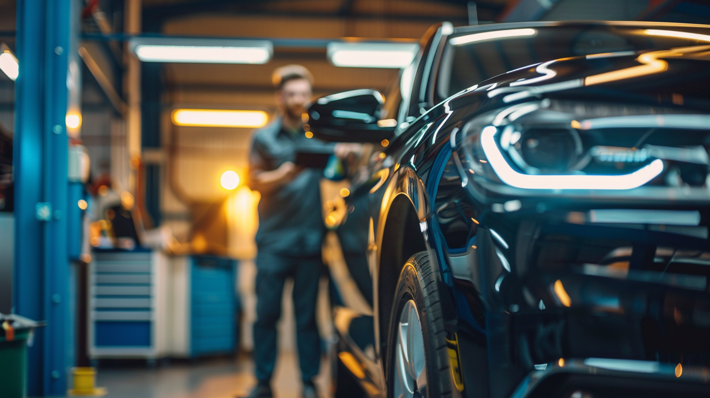 Inspección profesional de vehículo en taller moderno